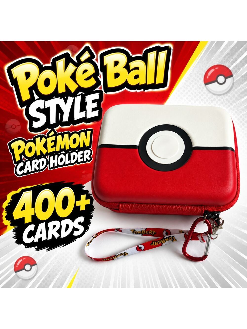 Pokémon Card Case, Holds 400+ Cards, Red & White Poké Ball Style, Hard-Shell